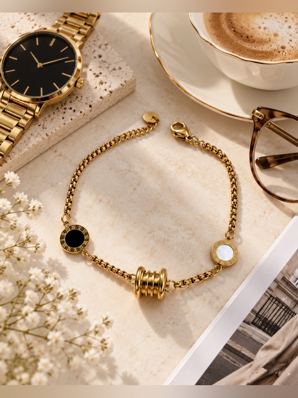 Gold Tone Black Enamel Charm Bracelet Stainless Steel